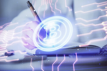 Poster - Cryptocurrency hologram over woman's hands writing background. Concept of blockchain. Double exposure