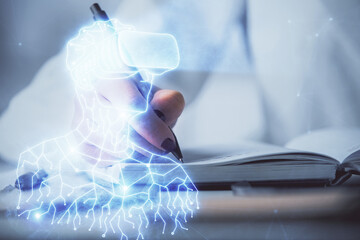 Poster - AR hologram over hands taking notes background. Concept of augmented reality. Double exposure