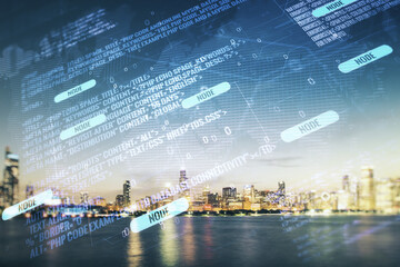 Poster - Multi exposure of abstract graphic coding sketch and world map on Chicago cityscape background, big data and networking concept