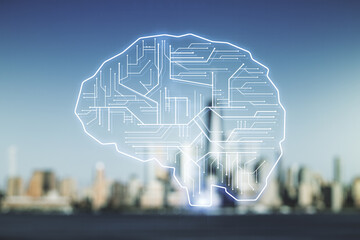 Aufkleber - Virtual creative artificial Intelligence hologram with human brain sketch on blurry skyscrapers background. Double exposure