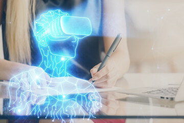 Poster - AR hologram over hands taking notes background. Concept of augmented reality. Double exposure