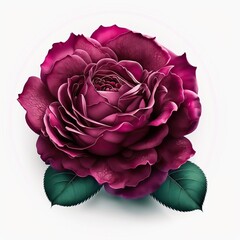 Wall Mural - Rose flower with green leaves on white background. Dark viva magenta color. Love and romance card. Generative ai.