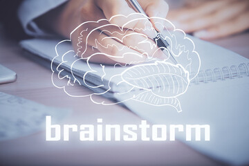 Poster - Start up creative drawing over close up hands in notepad background. Concept of brainstorming. Double exposure