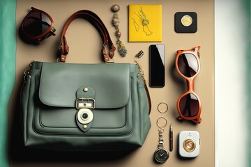 Wall Mural - a purse, sunglasses, cell phone, and other items are laid out on a table together to be used as a purse or a handbag or to carry on a purse or for a woman.