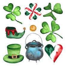 St Patrick's Day Set Green Leprechaun Hat And Shoe, Irish Flag Heart Tricolor, Coin, Green Clover Shamrock, Pot Of Gold, Wooden Mug Of Foamy Beer. Watercolor.