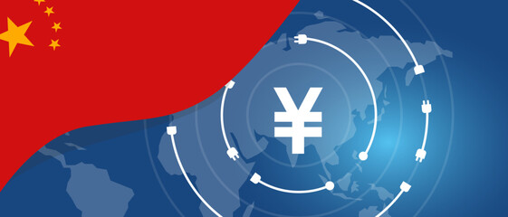 Poster - Digital yuan renminbi China crypto currency financial transaction symbol with flag and map