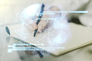 Aufkleber - Multi exposure of abstract creative coding sketch with world map and man hand writing in notebook on background, artificial intelligence and neural networks concept