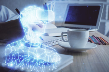Poster - AR hologram over woman's hands taking notes background. Concept of augmented reality. Multi exposure