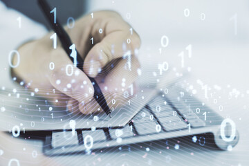 Aufkleber - Creative abstract binary code hologram and hand writing in diary on background with laptop, AI and machine learning concept. Multiexposure
