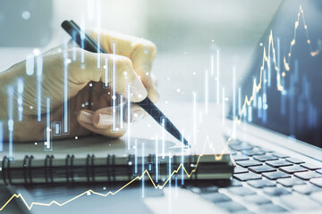 Poster - Abstract creative financial graph with hand writing in diary on background, financial and trading concept. Multiexposure