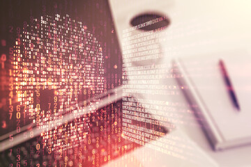 Poster - Creative concept of code skull illustration on modern laptop background. Hacking and phishing concept. Multiexposure