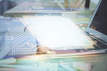 Poster - Businessman working on Laptop with technology theme drawing. Concept of big data. Double exposure.