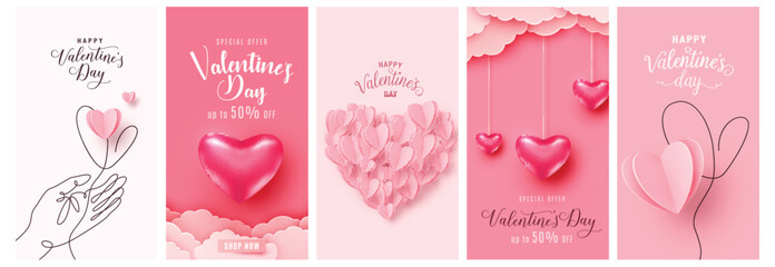 Wall Mural - Valentines day concept card vector illustration. 3d pink paper cut and