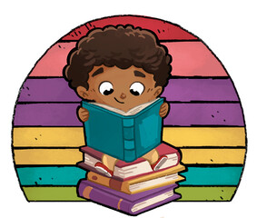 Canvas Print - African American boy reading on a stack of books happily