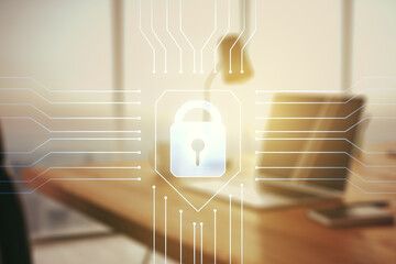 Poster - Double exposure of creative lock hologram with chip on laptop background. Information security concept