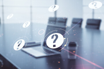 Aufkleber - Creative abstract question mark sketch on modern laptop background, FAQ and research concept. Double exposure