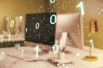 Aufkleber - Creative abstract binary code sketch on modern laptop background, hacking and matrix concept. Multiexposure