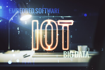 Aufkleber - Double exposure of creative IOT hologram on laptop background, research and development concept
