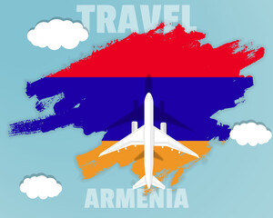 Wall Mural - Traveling to Armenia, top view passenger plane on Armenia flag, country tourism banner idea