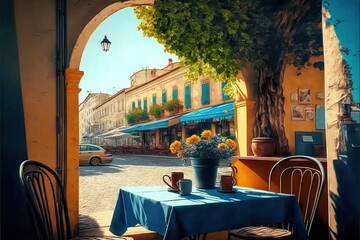 a painting of a table with a blue tablecloth and a vase of flowers on it with a blue table cloth and a blue table cloth with a blue table cloth with a car parked on it.