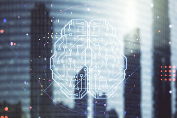 Poster - Double exposure of creative artificial Intelligence interface on modern skyscrapers background. Neural networks and machine learning concept