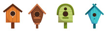 Set Of Wooden Bird Houses, Colorful Feeders Of Different Design With Slope Roof. Birdhouses, Home Or Nest