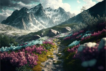 Sticker - a digital painting of a path leading to a mountain range with wildflowers and rocks on either side of the path and a cloudy sky with clouds and mountains in the background.