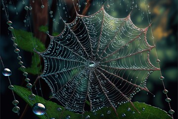 Wall Mural - a close up of a spider web on a leaf with water droplets on it and a forest in the background with trees and leaves in the background.