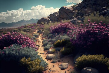 Sticker - a dirt path surrounded by purple flowers and mountains in the distance with clouds in the sky above it and a blue sky with white clouds in the distance with a few clouds.