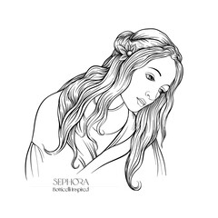 Sticker - Portrait of a woman inspired by a painting by Renaissance artist Botticelli. Outline hand drawing vector illustration.