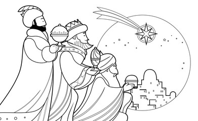 Three magi, Three kings, Three Wise Men cartoon outline vector illustration for coloring book page. Line art, line drawn nativity or epiphany vector for children. Melchior, Caspar and Balthasar.