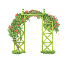 Green Wooden Garden Arch Trellis, Overgrown With Climbing Rose Flowers For Home Patio Dekor. Hand Drawn Watercolor Painting Illustration Isolated On White Background