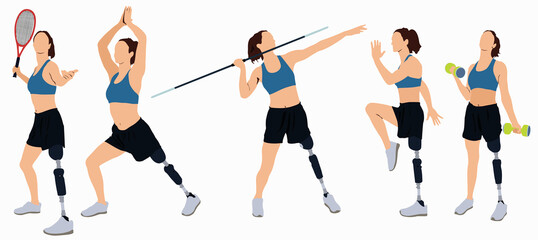 Illustration of set of faceless female athlete with prosthesis leg in different workout and sport pose.