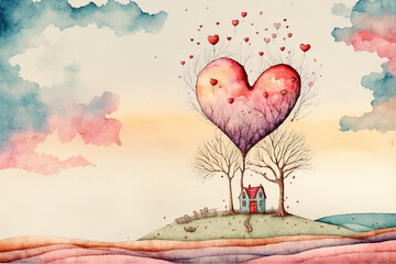 Wall Mural - Valentines landscape , whimsical style, watercolour style, Generative AI