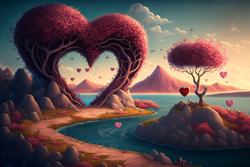 Wall Mural - Valentines landscape , whimsical style, Generative AI
