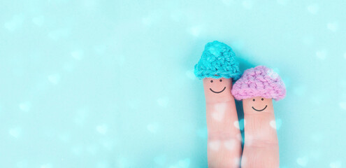 Wall Mural - Happy, similing face on finger, couple cuddle together, support, relationship and friendship concept, valentines day
