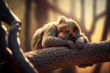 Long Macaque Sitting On A Tree, Monkey Sleeping In The Tree, Generative Al