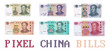 Vector set of China pixel mosaic fiat money. Banknotes in denominations from 1 to 100 yuan.