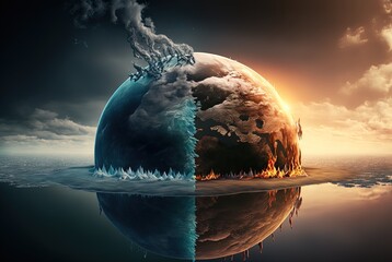 Wall Mural - illustration of planet earth globe half side hell hot and a half freezing cold, idea for climate change calamity extreme weather 