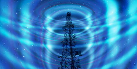 Wall Mural - Antenna tower of telecommunication and Phone base station with TV and wireless internet antennas 