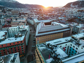 Wall Mural - Traditional Scandinavian architecture of the old town of Bergen at sunrise. Bergen, Vestland, Norway. 