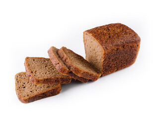 Black bread closeup on white with slice