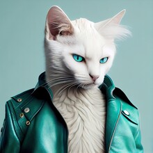 Cool White Cat Wearing A Blue Leather Jacket On Black Background. Stylish Pet Portrait In Clothing, Anthropomorphic People. AI Generative Art