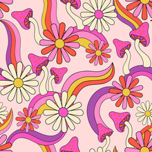 Fun Daisy Chamomile Flowers, Mushrooms, Rainbows Seamless Pattern.