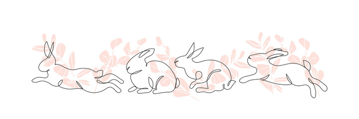 Wall Mural - Abstract rabbit line art on floral background. Symbol of Chinese New Year zodiac.