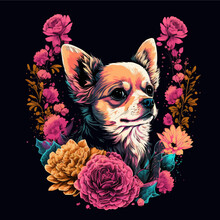 Chihuahua With Peonies. Neon Colors. Retro. Suitable For T-shirts, Tattoos, Notepads, Covers. Professional Work, Precise Detailing.