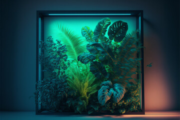 Wall Mural - Tropical Plants Illuminated with Blue and Green Fluorescent Light and Square shaped Neon Frame