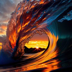 wave barrel breaking at sunset with sun inside. generative ai