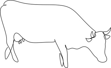 Wall Mural - Cow on pasture in continuous line art drawing style. Grazing cow abstract minimalist black linear sketch isolated on white background. Vector illustration