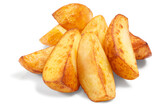 Fototapeta  - Potato wedges. Pile of quartered baked fried potatoes or potato chips isolated png